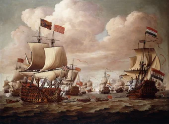 Die englische und die niederländische Flotte tauschen auf See Salutschüsse aus, mit der „Prince“ und der „Gouden Leeuw“ im Vordergrund, 1684