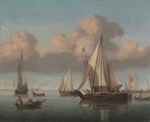 Eine Kaag vor Anker mit gehissten Segeln und eine Staatsyacht und andere Schiffe