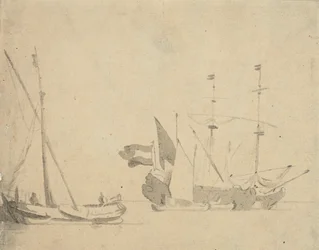 Ein Boeier an einem Pier und ein niederländisches Schiff vor Anker