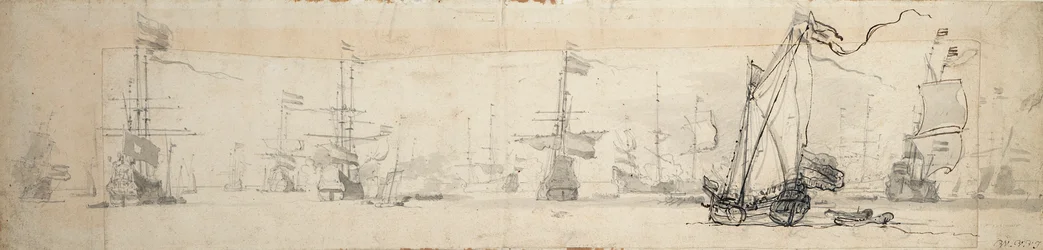 Eine Staatsyacht unter Segel und Schiffe vor Anker, ca. 1665