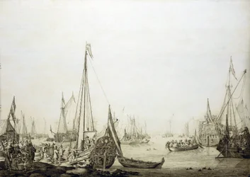 Eine Vielzahl von Schiffen in einem überfüllten Hafen, historisch verbunden mit der Reise von Charles II. von England (1630-1685) nach Den Haag (Holland) im Jahr 1660, während der Wiederherstellung seiner Macht über den englischen Thron