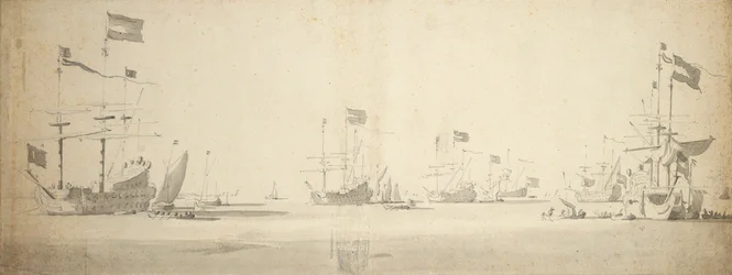 Niederländische Flaggschiffe vor Anker mit Booten daneben, ca. 1664