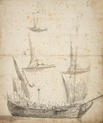 Porträt eines kleinen niederländischen Handelsschiffs, ca. 1665