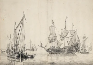 Segelboote und eine niederländische Fregatte, die ihre Segel trocknet. Zeichnung und Waschung (26x37 cm) von William van de Velde l