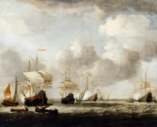 Eine niederländische Flotte kommt bei einer Brise vor Anker