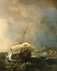 Britisches Schiff in stürmischem Wind, versucht, der felsigen Küste zu entkommen