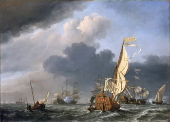 Yacht im starken Wind, versucht, sich einer Gruppe niederländischer Schiffe anzuschließen, wahrscheinlich die Versammlung der niederländischen Flotte vor Texel (Holland) im Jahr 1672