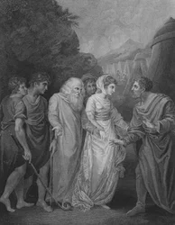 Moses trifft seine Frau und Söhne, Exodus 18, Vers 5-8 (Gravur)