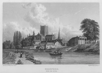 Hereford, vom Fluss aus (Gravur)