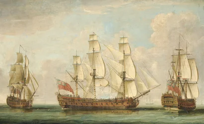Das Schiff Bessborough der ehrenwerten [Ostindien] Kompanie in drei Positionen im Kanal mit überfüllten Decks