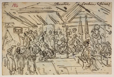 Theater. Cochin China, aus einem Album mit 372 Zeichnungen von Landschaften, Küstenlinien, Kostümen und Alltagsleben, erstellt während der Botschaft von Lord Macartney an den Kaiser von China, zwischen 1792 und 1794