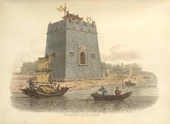 Ansicht eines Schlosses. Beschrieben als in der Nähe der Stadt Tien-sin. Innerhalb der Zinnen befindet sich ein Gebäude, um Wachen zu schützen, einer von ihnen schlägt einen Gong, um der Garnison die Annäherung eines Vizekönigs oder Mandarins von Rang anzu