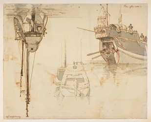 f.58 145v Boot. Fluss Lim-po. Nov 20., aus einem Album von 372 Zeichnungen von Landschaften, Küstenlinien, Kostümen und Alltagsleben, erstellt während Lord Macartneys Gesandtschaft an den Kaiser von China, zwischen 1792 und 1794 (Bleistift & Aquarell auf P