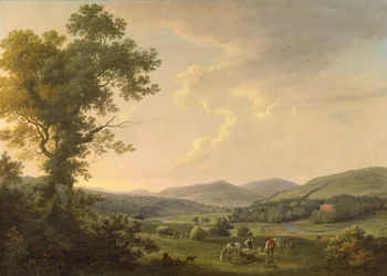 Landschaft mit Heuarbeitern und einem entfernten Blick auf ein georgianisches Haus