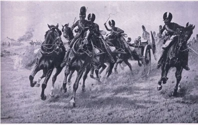 Kanonen an die Front: Waterloo am 18. Juni 1815, Illustration aus Britische Schlachten zu Land und zu Wasser, 1915