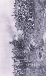 Das 28. Gloucester Regiment empfängt französische Kavallerie bei Waterloo am 18. Juni 1815, Illustration aus Britische Schlachten zu Land und zu Wasser, 1915