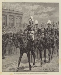 Die Militärzeremonie in Potsdam, der Kaiser an der Spitze der Gardes du Corps