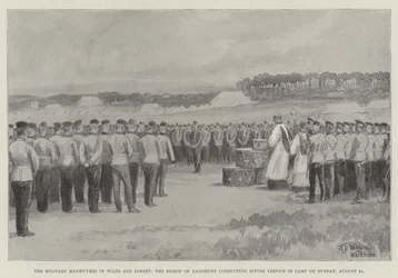 Die Militärmanöver in Wilts und Dorset, der Bischof von Salisbury hält den Gottesdienst im Lager am Sonntag, 21. August