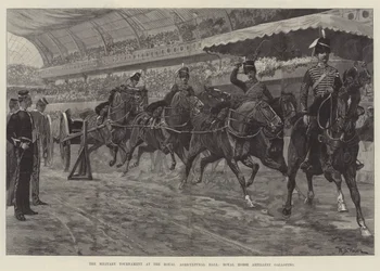 Das Militärturnier in der Royal Agricultural Hall, Royal Horse Artillery im Galopp