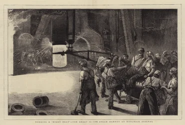 Arbeiten bei Nacht, der große 35-Tonnen-Dampfhammer im Woolwich Arsenal