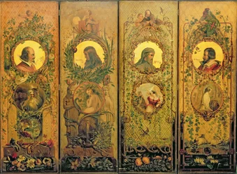 Ein vierblättriger Paravent mit Porträts von Shakespeare, Milton, Chaucer und Spenser