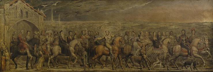 Sir Jeffrey Chaucer (ca. 1342-1400) und die neunundzwanzig Pilger auf ihrer Reise nach Canterbury