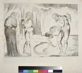 Der Kreis der Diebe: Buoso Donati von der Schlange angegriffen, Inferno, Gesang XXV, Illustration zur 