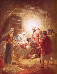 Die Hirten finden das Christkind in einer Krippe liegend