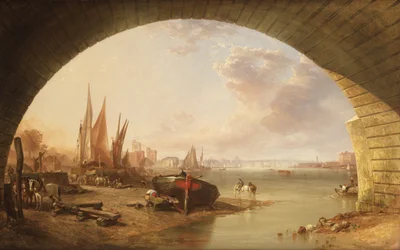 Alte Vauxhall-Brücke unter einem Bogen der Westminster-Brücke, um 1845