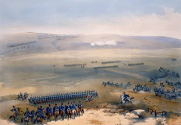 Das Kavalleriegefecht auf den Höhen von Bulganak: der erste Kanonenschuss, Tafel aus „The Seat of War in the East“, veröffentlicht von Paul und Dominic Colnaghi und Co., 1856
