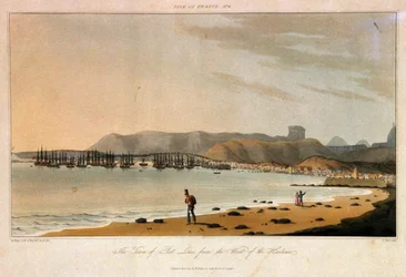 Ile de France (Mauritius), Ansicht der Stadt Port Louis, vom Westen des Hafens. Farbradierung