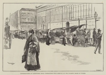 Kostümhändler in der Farringdon Road, bedroht von der Holborn Board of Works