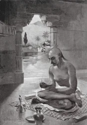 Kalidasa verfasst den "Wolkenbote", 375 n. Chr. (Lithografie)