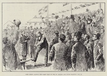 Lord Derby schneidet den ersten Rasen der St Helens und Wigan Railway, 28. Januar