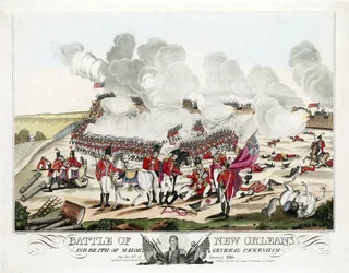 Schlacht von New Orleans und Tod von Generalmajor Packenham am 8. Januar 1815, veröffentlicht 1815 (kolorierte Gravur)