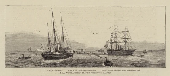 HMS Enchantress verlässt den Hafen von Portsmouth