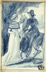 Zwei Frauen (eine zu Pferd) in Kleidung des späten 18. Jahrhunderts