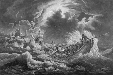 Rettungsboot bei der Rettung eines Teils der Schiffsbesatzung