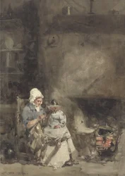 Eine Frau und ein Kind am Herd, 1842