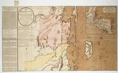 Eine Karte eines Teils von Yucatan oder des Teils der Ostküste innerhalb der Bucht von Honduras, der Großbritannien zum Holzschneiden zugewiesen wurde, gemäß der am 14. Juli 1786 mit Spanien unterzeichneten Konvention. Von einem Bay Man.