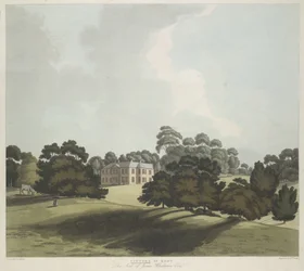 Figuren und ein Pferd im Park; Vinters House im Mittelgrund; Bäume im gesamten Bild