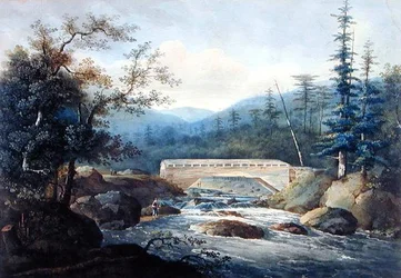 Überdachte Brücke über den Sacandaga River, Hadley, NY, um 1820