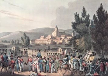 Schlacht von Vittoria, 1813, Gefangene werden gebracht, geätzt von I. Clarke, aquatintiert von M. DuBourg