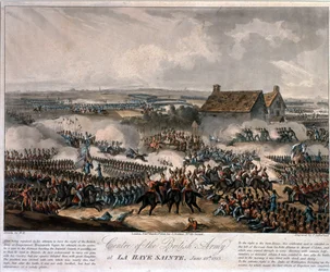 Zentrum der britischen Armee bei La Haye Sainte während der Schlacht von Waterloo, 1816 (kolorierte Aquatinta)