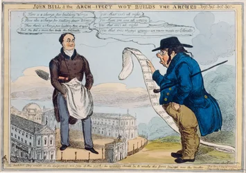 John Bull und der Architekt, der die Bögen baut, graviert von Thomas McLean (1788-1875)