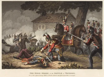 Die Horse Guards in der Schlacht von Waterloo, ein Offizier schneidet einem französischen Oberst in Triumph die Epaulette ab, graviert von M. Dubourg, 1819