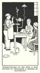 Der Ehefrau eine neue Methode des Bananenfrittierens mit Elektrizität demonstrieren (Lithografie)