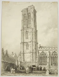 Außenansicht der Temple Church, zeigt eine Beisetzung, ca. 1825