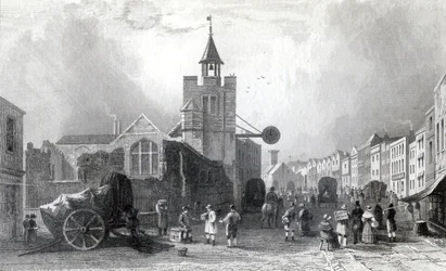 High St. mit der Kirche St. Nicholas, Colchester, Essex, graviert von Charles Mottram, 1831