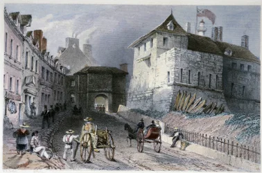 Das Tor „Priscott Gate“ in Quebec City, Kanada - in „Canadian Scenery illustrated“ von William Henri Barlett, ed. George Virtue